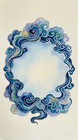 Watercolor ornate cloud frame with swirling blue patterns and empty center space for text or design elements on textured paper background.