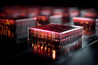 Futuristic glowing red microchip architecture with digital circuit patterns and light reflections on dark background, representing advanced computing technology.