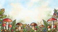 Watercolor illustration of red and brown mushrooms with forest foliage, berries, and plants on white background. Suitable for children's books, nature designs, and woodland-themed projects.