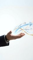 Businessman hand with flowing digital arrows representing data transfer, business growth, and technological innovation for corporate presentations.