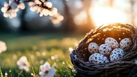 Spotted eggs in natural nest against spring sunset background with blooming tree branches and bokeh lights, creating magical Easter atmosphere.