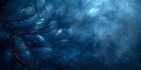 Mystical blue feathers floating in dark ethereal space with glowing particles create atmospheric fantasy background for spiritual and dreamy designs.