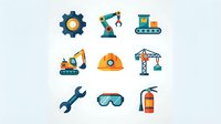 Industrial construction and manufacturing flat icons set with gear, crane, conveyor belt, excavator, helmet, safety equipment isolated on white background.