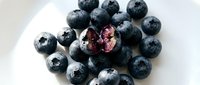 Fresh ripe blueberries with one cut open showing purple flesh on white plate. Healthy organic superfood berries for breakfast, smoothies and desserts.