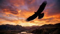 Eagle soaring over mountain landscape at dramatic sunset with golden and orange sky, suitable for nature and wildlife backgrounds.