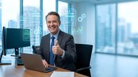 Confident middle-aged Caucasian businessman giving thumbs up in modern office with financial data overlays and city skyline view.
