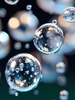 Transparent soap bubbles floating in air with bokeh light effects and reflections against dark background, macro photography showing delicate surface tension details.