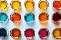 Colorful liquid samples in glass containers arranged in rows on white background. Various shades of yellow, orange, red, blue and pink create vibrant laboratory pattern.