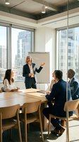 Mature woman with blonde hair, Caucasian ethnicity, wearing dark blazer, leads business presentation to diverse team in modern high-rise office with city skyline views, whiteboard, natural lighting.