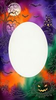 Halloween frame with spooky castle, bats, pumpkin and twisted tree on colorful gradient background with white oval space for text or photo design.