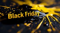 Yellow and black abstract splash with text on dark background creates dynamic motion effect with glowing particles and light burst radiating from center point.