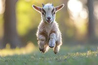 Playful baby goat jumping and frolicking in spring meadow with soft bokeh background and golden sunlight, showing pure joy and energy in natural farm setting.