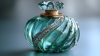 Ornate turquoise glass perfume bottle with twisted design, crystal embellishments, and decorative gold-tone metal cap. Elegant luxury fragrance container on reflective surface.