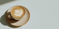 Creamy latte with rosetta leaf foam art in beige ceramic cup and saucer on white surface with natural shadow. Coffee shop beverage presentation.