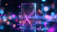 Glowing pink DNA helix structure floating in glass cylinder with vibrant bokeh lights background creates futuristic scientific atmosphere. For biotechnology concepts.