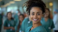 Confident African American female healthcare professional with curly hair smiling in hospital corridor with medical team in background.