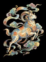 Ornate ram with swirling clouds in traditional Asian art style, isolated on transparent background. Great for t-shirt design, stickers, print on demand, and sublimation.
