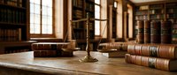 Brass scales of justice on wooden desk in traditional law library with leather-bound legal books and warm lighting for legal services and attorney concepts.