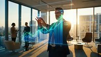 African American male professional in business attire analyzing financial growth charts with holographic data visualization in modern office with colleagues and city skyline view.