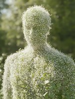 Silhouette of person covered in delicate white baby's breath flowers against green natural background, creating ethereal artistic portrait effect.