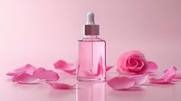 Glass dropper bottle with pink rose essential oil or serum surrounded by delicate rose petals on pink background, elegant cosmetic product photography.
