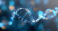 Glowing blue DNA helix structure made of water splashes and drops on dark background with bokeh lights, representing genetic research and biotechnology.