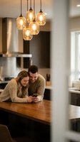 Happy young couple laughing together while using smartphone in modern kitchen with warm pendant lighting and wooden countertop creating cozy domestic atmosphere.