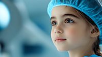 Young Caucasian girl wearing blue medical cap looking up with hopeful expression against blurred hospital background, representing healthcare and medical aspirations.