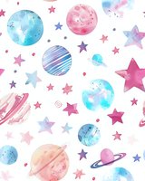 Watercolor space pattern with pink and blue planets, stars in pastel colors on white background. Seamless celestial design for nursery, children fabric, wrapping paper.