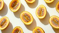 Fresh halved passion fruits arranged in rows casting natural shadows on white background, vibrant yellow pulp and black seeds create appetizing tropical pattern.