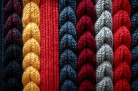 Colorful knitted braided patterns in navy blue, yellow, burgundy, gray and red wool yarn create textured stripes background. Close up macro photography.