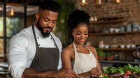 Young African American couple cooking together in modern kitchen preparing fresh salad with vegetables for healthy meal at home.