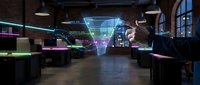 Futuristic tech workspace with holographic data visualization displays, neon lighting, and modern office environment for innovation and digital transformation concepts.