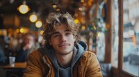 Young Caucasian man with tousled hair smiling at cafe window seat, wearing brown jacket and grey hoodie against warm bokeh lights and urban background.
