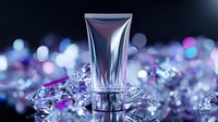 Luxurious cosmetic cream tube on crystal ice with purple and blue bokeh background. Premium skincare product photography for beauty and cosmetics advertising.