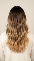 Woman with long wavy ombre hair from brunette to blonde showing balayage highlights technique from behind wearing cream sweater against neutral background.