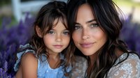 Caucasian mother and daughter with dark hair share tender moment in lavender field, wearing white lace dress and blue dress, natural summer outdoor portrait.