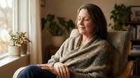Middle-aged Caucasian woman relaxing in cozy armchair by window, wearing comfortable sweater, peaceful home interior with plants, natural lighting.