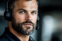 Confident male customer service representative wearing headset with microphone against dark background, professional portrait showing attentive expression.