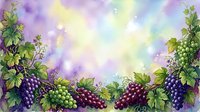 Watercolor grape vines border with purple and green clusters on a soft pastel background, perfect for wine, harvest, or nature-themed designs.
