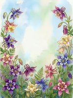 Watercolor floral frame with colorful columbine flowers in purple, blue, pink and cream, green foliage, soft pastel background with copy space.