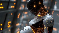 Futuristic female android figure with glowing amber lights and metallic surface, sparks and illumination effects against dark background. Sci-fi art concept.