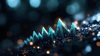 Glowing turquoise crystal formations emerge from dark surface with bokeh light effects in background creating mysterious macro photography atmosphere.