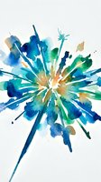 Watercolor explosion burst with radiating streaks in shades of blue, teal, green, and gold on white background. Suitable for creative design projects and artistic backgrounds.