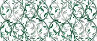 Ornamental leaf scrolls in green and gray create a seamless damask pattern that tiles into a single background for wallpaper and textile design.
