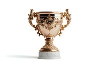 Ornate golden trophy cup with baroque style decorative elements and intricate floral patterns on marble base, isolated on white background for luxury awards design.