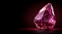 Pink rough crystal gemstone on dark background with dramatic lighting and reflection, raw mineral specimen glowing with mysterious ethereal light. Suitable for luxury jewelry design.