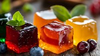 Colorful jelly cubes with fresh berries and mint garnish on wooden surface, vibrant dessert composition with translucent gelatin blocks in red, orange and yellow.