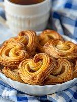 Fresh heart-shaped palmier cookies made from puff pastry served in white ceramic bowl on blue checkered napkin with coffee cup in background.
