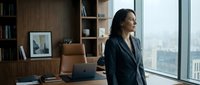 Confident businesswoman in dark blazer standing at modern office desk with laptop, looking out floor-to-ceiling window at city skyline. Professional workspace with wooden shelving and contemporary furniture for corporate, leadership, and business themes.